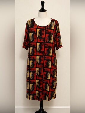 LuLaRoe Julia Dress in Red/Rust Gold & Black Abstract Brushstroke XL